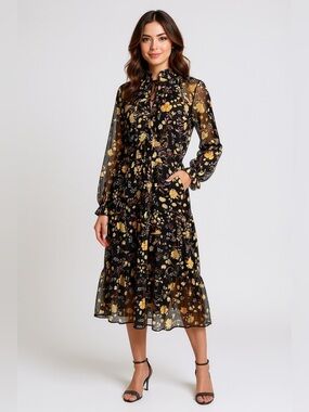 Harper 241 - Black Yellow Floral Flowy V Neck Long Sleeves Midi Dress